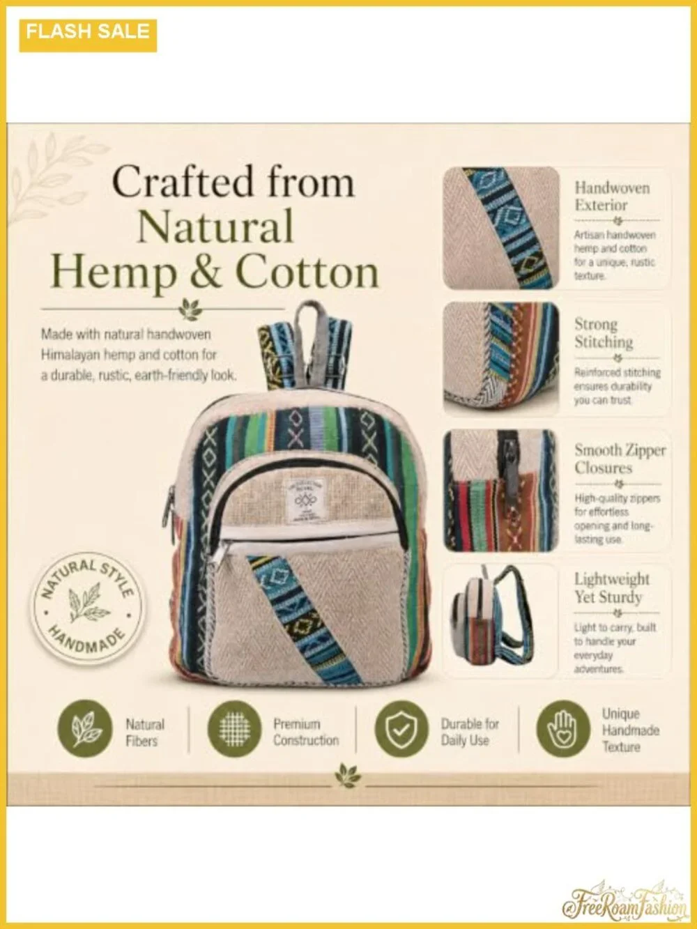 Boho Hippie Hemp Cotton Mini Daypack Backpack Eco Friendly Handmade